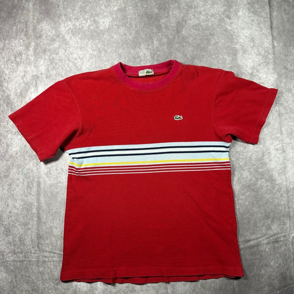 Vintage Chemise Lacoste Mens Red Striped Pique Cotton T-Shirt Made in France S